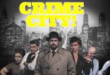 The cast of Crime City, Andrew Root's loving parody of old-time radio dramas and pulp detective stories. The show is recorded live before a studio audience and then released as a podcast produced by Adam Martignetti. (Photo: Adam Martignetti)