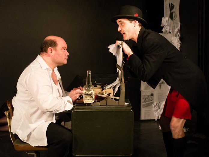 Brad Brackenridge as American humourist Don Marquis with Ryan Kerr as his creation Archy the cockroach in Kate Story's play damned be this transmigration, running at the Market Hall for three performances on March 3 and 4 (photo: Andy Carroll)