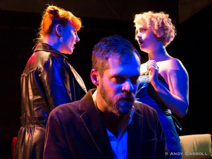 Nikki Weatherdon, Derek Bell, and Quinn Ferentzy perform in The Theatre of King's production of "No Exit" by Jean-Paul Satre, which runs from February 23 to 25 (photo: Andy Carroll)