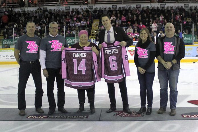 Fan and cancer survivor Julia Tanner and Petes Assistant Coach Kurtis Foster were the honourary co-chairs for this year's Pink in the Rink game, which raised over $70,000 for the Canadian Cancer Society (photo credit: Kelsey Saunders / Peterborough Petes)