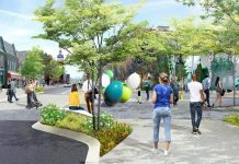 Concept illustration showing the Charlotte Street entrance to the planned Charlotte Street Urban Park. The UN Peacekeepers monument would be installed in "The Commons" area, is located to the right of the Charlotte Street entrance. (Illustration: AECOM)