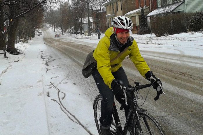 Scott Murison, co-owner at Wild Rock in Peterborough, cycling to work in the winter. Winter Bike to Work day is coming up on February 10th, an opportunity for the rest of us to get active and give winter biking a try. (Photo courtesy of Peterborough Moves)