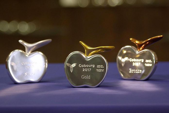 The awards for the 2017 Ontario 55+ Winter Games were designed and crafted by Hoselton Studio Limited of Cobourg. The apple motif is intended to be reflective of Cobourg and the surrounding area. The stem of the apple is made from recycled aluminum and colour-cured to signify gold, silver, and bronze. (Photo: Chris Oliver Photography)