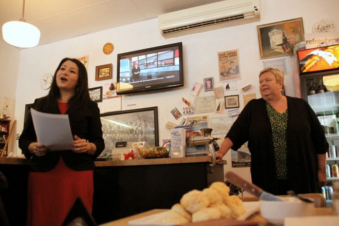 Local lawyer Ann Farquharson, pictured here with Maryam Monsef in February 2015 when she announced her intention to run for the federal Liberal nomination, believes Peterborough City council has erred in its decision to reject heritage designations for the two downtown Peterborough building housing the Pig's Ear Tavern and the Black Horse Pub (photo: Jeannine Taylor, kawarthaNOW)