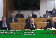 Community Services Director Ken Doherty speaking at the Committee of the Whole meeting on March 27, 2017. Peterborough City Council declined to apply for heritage designation to the two historic downtown Peterborough buildings currently housing The Pig's Ear Tavern and the Black Horse Pub. Local lawyer Ann Farquharson has called this decision a "disgrace". (Photo: City of Peterborough)