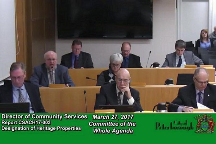 Community Services Director Ken Doherty speaking at the Committee of the Whole meeting on March 27, 2017. Peterborough City Council declined to apply for heritage designation to the two historic downtown Peterborough buildings currently housing The Pig's Ear Tavern and the Black Horse Pub. Local lawyer Ann Farquharson has called this decision a "disgrace". (Photo: City of Peterborough)