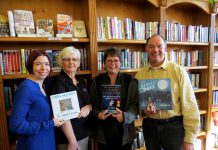 The United Way for the City of Kawartha Lakes is raising funds by selling three of former astronaut Chris Hadfield's books in advance of his May 11th keynote in Lindsay. Pictured holding the books are: Shantal Ingram, Community Investment Coordinator United Way of the City of Kawarthas Lakes; Helga Guthrie, VCCS Employment Services and United Way Campaign Cabinet member; Cheri Hogg, owner of Kent Bookstore; and Pat Twohey, Three Chairs Committee (photo courtesy of United Way of the City of Kawarthas Lakes)