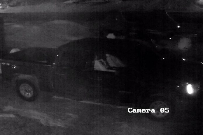 Police are looking for this black pickup truck, captured on a security camera, that was involved in the theft of $60,000 worth of equipment from Tucker's Marine in Apsley