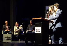 2017 Bears' Lair Entrepreneurial Competition judges James Sculthorpe, Kate Ramsay, and Warren Faleiro with emcees Sana Virji and Ribat Chowdhury (founders of Ribbet and Streets of Canada) at The Venue in Peterborough on April 25. (Photo: Jeannine Taylor / kawarthaNOW)