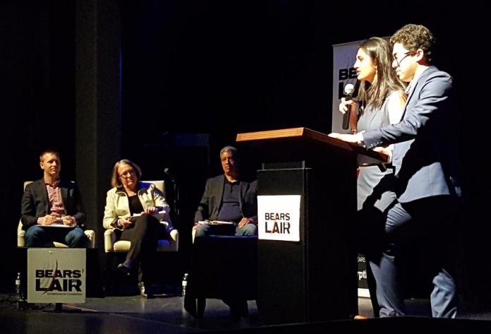 2017 Bears' Lair Entrepreneurial Competition judges James Sculthorpe, Kate Ramsay, and Warren Faleiro with emcees Sana Virji and Ribat Chowdhury (founders of Ribbet and Streets of Canada) at The Venue in Peterborough on April 25. (Photo: Jeannine Taylor / kawarthaNOW)