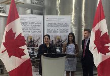 Peterborough-Kawartha MP Maryam Monsef, pictured beside Noblegen CEO & Founder Adam Noble and Executive VP & Co-founder Andressa Lacerda, announced a $600,000 investment in the Peterborough-based biotech company. (Photo: Innovation Cluster Peterborough and The Kawarthas / Twitter)