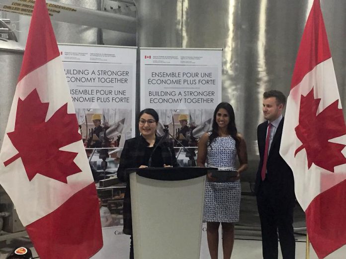 Peterborough-Kawartha MP Maryam Monsef, pictured beside Noblegen CEO & Founder Adam Noble and Executive VP & Co-founder Andressa Lacerda, announced a $600,000 investment in the Peterborough-based biotech company. (Photo: Innovation Cluster Peterborough and The Kawarthas / Twitter)