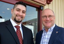 Waleed Dabbah of Hampton Financial with Stuart Harrison, President and CEO of the Peterborough Chamber of Commerce. Waleed has brought an arm of the international payment processing business to Peterborough. (Photo: Eva Fisher)