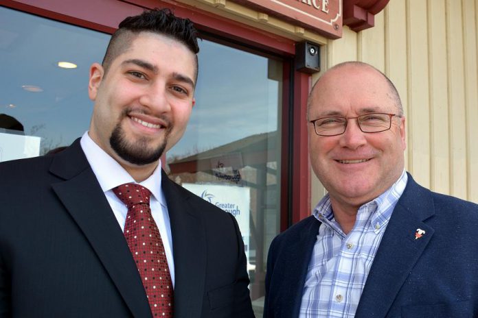 Waleed Dabbah of Hampton Financial with Stuart Harrison, President and CEO of the Peterborough Chamber of Commerce. Waleed has brought an arm of the international payment processing business to Peterborough. (Photo: Eva Fisher)