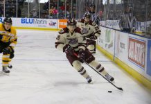 Steve Lorentz (pictured) and Jonathan Ang both scored twice to help the Petes defeat the Kingston Frontenacs 6-2 in Kingston on April 13. The Petes now advance to the OHL conference final for the first time since 2006. (Photo: Tyler Penney / Peterborough Petes)