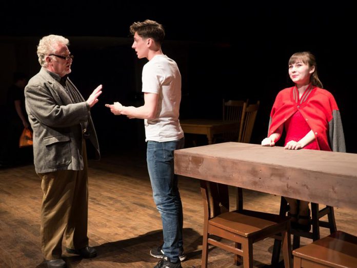 Randy Read as The Stage Manager with Matthew Finlan as George Gibbs and Bethany Heemskerk as Emily Webb in New Stages' production of Thornton Wilder's "Our Town", on now until May 6 at the Market Hall in Peterborough. (Photo: Andy Carroll)