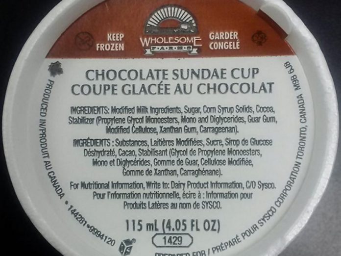 The March 31st recall of Wholesome Farms brand Sundae Cup products has now been expanded to include additional flavours (photo courtesy Canadian Food Inspection Agency)