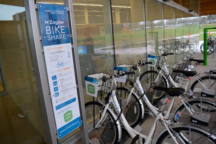 Thanks to Fleming Student Administrative Council and the City of Peterborough, the Zagster Bike Share service is now available in Peterborough. Here is the Zagster station outside the Kawartha Trades and Technology Centre at Sutherland Campus. (Photo: Fleming College)