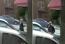 Video surveillance stills show a woman at the intersection of Parkhill Road and George Street in Peterborough at the location and time of a pay phone where a bomb threat was made