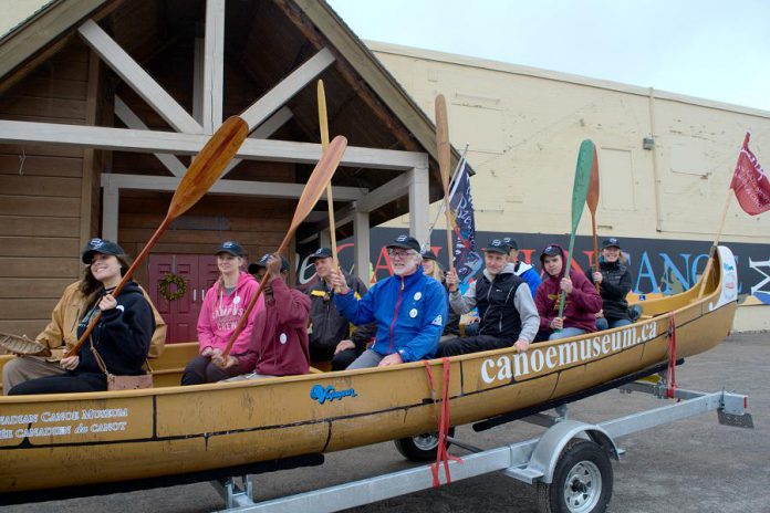 On May 2, 18 paddlers (including The Canadian Canoe Museum's Director of Development James Raffin, in the blue jacket) were given a send-off at The Canadian Canoe Museum before travelling to Kingston for their nine-day journey to Ottawa through the Rideau Waterway in a 36-foot Voyageur Canoe. (Photo: The Canadian Canoe Museum)