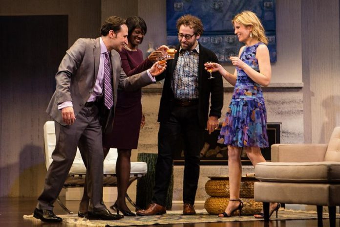Raoul Bhaneja, Karen Glave, Michael Rubenfeld, and Birgitte Solem performing in a Toronto production of "Disgraced" in April 2016. With the exception of Rubenfeld, whose role will be performed by Alex Poch-Goldin, the remaining actors are reprising their roles in New Stages Theatre Company's staged reading of the play at Peterborough's Market Hall on May 28. (Photo: Cylla von Tiedemann)