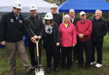 The groundbreaking ceremony of the new 24-unit affordable housing project in Lindsay: Dylan Robichaud (representing Jamie Schmale, MP for Haliburton-Kawartha Lakes-Brock), Mayor Andy Letham, City of Kawartha Lakes Housing Manager Hope Lee, City of Kawartha Lakes CAO Ron Taylor, Director of KLH Housing Corp Board Elizabeth Howell-Jones, Councillor Doug Elmslie, Councillor and Director of KLH Housing Corp Board, and Councillor John Pollard. (Photo: City of Kawartha Lakes)