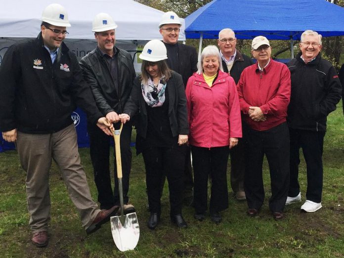 The groundbreaking ceremony of the new 24-unit affordable housing project in Lindsay: Dylan Robichaud (representing Jamie Schmale, MP for Haliburton-Kawartha Lakes-Brock), Mayor Andy Letham, City of Kawartha Lakes Housing Manager Hope Lee, City of Kawartha Lakes CAO Ron Taylor, Director of KLH Housing Corp Board Elizabeth Howell-Jones, Councillor Doug Elmslie, Councillor and Director of KLH Housing Corp Board, and Councillor John Pollard. (Photo: City of Kawartha Lakes)