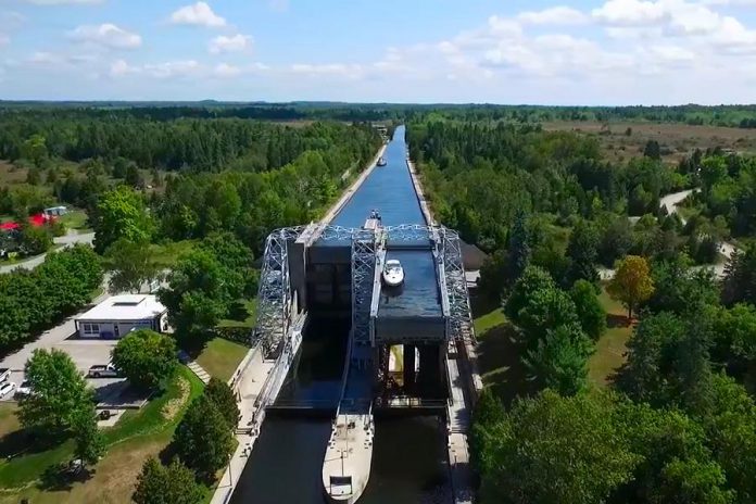 The Kirkfield Lift Lock is one of 15 locks featured in a new drone video from Parks Canada, promoting free seasonal lockage permits as part of the Canada 150 celebrations. Parks Canada celebrated the official opening of the Trent-Severn Waterway at Lockfest in Bobcaygeon on Saturday. (Photo: Parks Canada)