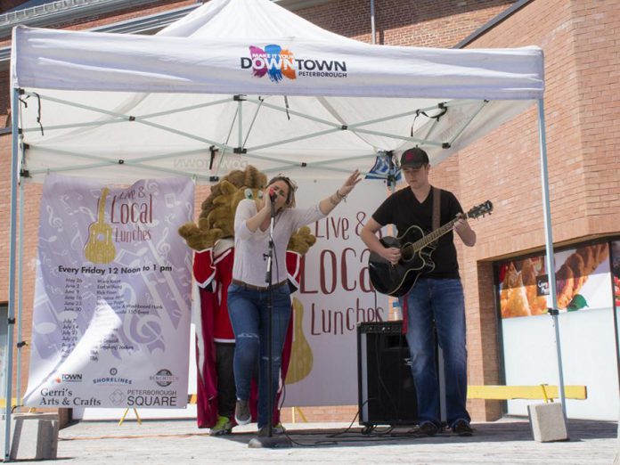 Local singer-songwriter Missy Knott performs at the May 11th announcement of the line-up for Live and Local Lunches, a series of free concerts in the courtyard of Peterborough Square in downtown Peterborough. Knott will be opening the summer-long series on Friday, May 26th. (Photo: Peterborough DBIA)