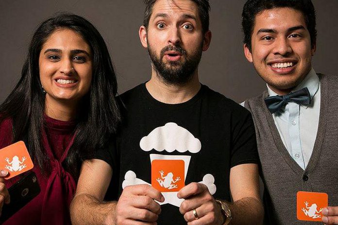 Ribbet co-founders Sana Virji and Ribat Chowdhury posing with entrepreneur Johnny Earle, founder of Johnny Cupcakes, during Earle's 2016 visit to Peterborough. (Photo: Innovation Cluster)