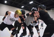 Members of the Peterborough Area Roller Derby (PARD) during a recent practice. PARD's double-header season home opener takes place on May 27th at the Douro arena and will support the Peterborough Humane Society. (Photo: Scott Tromley)