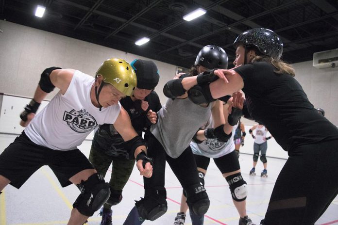 Members of the Peterborough Area Roller Derby (PARD) during a recent practice. PARD's double-header season home opener takes place on May 27th at the Douro arena and will support the Peterborough Humane Society. (Photo: Scott Tromley)