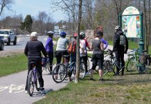 A group of cyclists gather at the Lakefield Trailhead just outside of Lakefield, after riding from Peterborough along the trail during a recent group tour. International Trails Day offers several opportunities to celebrate our local trails with guided or self-led events on foot or bicycle, on June 2nd and 3rd. (Photo: Jaime Akiyama)