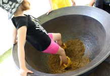 An attendee of the Peterborough Children's Water Festival participates in The Wild Rice Dance-off activity centre where children take turns wearing moccasins and dancing in a large cauldron of wild rice, a traditional practice used to remove the chaff from the grain of rice. (Photo: Karen Halley)