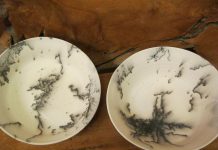 These handmade plates by Lakefield potter Gail West get their unique markings from horsehair. Fired at a whopping 1,000 degrees Fahrenheit, horsehair is then immediately applied, and the resulting carbon burns into the porous clay creating these interesting markings. (Photo courtesy of Gail West)