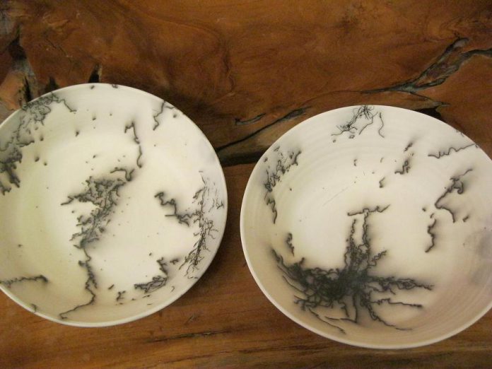 These handmade plates by Lakefield potter Gail West get their unique markings from horsehair. Fired at a whopping 1,000 degrees Fahrenheit, horsehair is then immediately applied, and the resulting carbon burns into the porous clay creating these interesting markings. (Photo courtesy of Gail West)