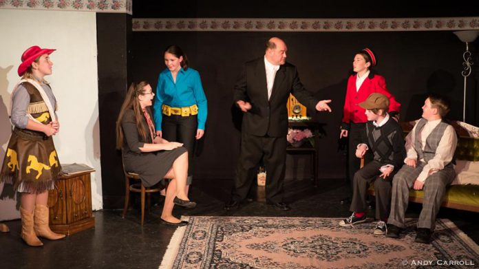 The cast of Boy Wonders: Emily Keller as Cowpoke, Aimee Gordon as Boo, Samuelle Weatherdon as Test Tube, Brad Breckenridge as The Mixer, Abbie Dale as Kirby the bellhop, Emma Meinhardt as Target Boy, and Issac Maker as Shiny the Glimmer Boy. (Photo: Andy Carroll)