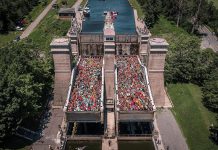 An aerial shot from a drone of both chambers of the Peterborough Lift Lock filled with 328 canoes and kayaks. (Photo: Justen Soule)