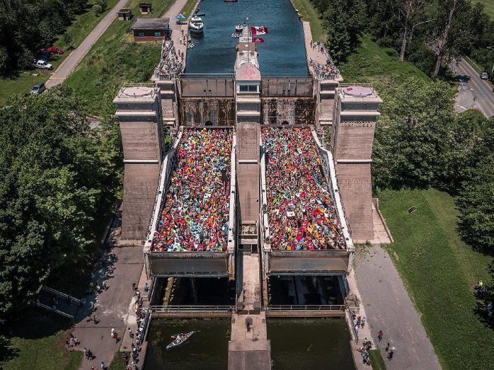 An aerial shot from a drone of both chambers of the Peterborough Lift Lock filled with 328 canoes and kayaks. (Photo: Justen Soule)