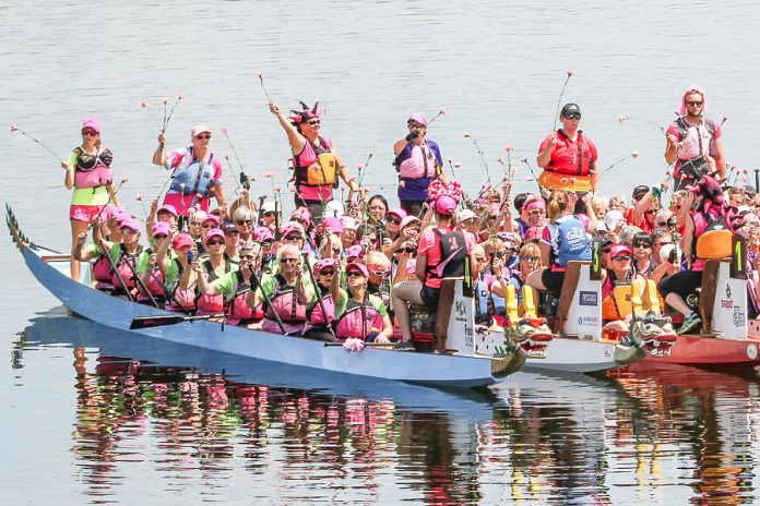 Paddlers at the 2015 Peterborough's Dragon Boat Festival hold their flowers prior to the Carnation Ceremony, an annual tradition to both remember and honour those who have lost their battle with breast cancer. The Carnation Ceremony originates from a 1996 dragon boat race in Vancouver.