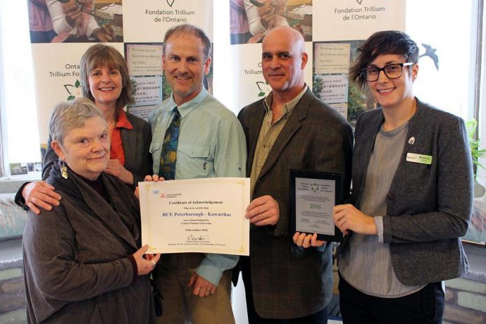 In 2016, a group of academic institutions, governments and government agencies, private sector partnerships, and non-governmental organizations came together to develop an application to the United Nations University to designate Peterborough-Kawarthas-Haliburton as a Regional Centre of Expertise (RCE) on Education for Sustainable Development. Members of the RCE Coordinating Committee included Linda Slavin of For Our Grandchildren, Jane Gray of Fleming College, Cam Douglas (Secondary School Teacher), Jacob Rodenburg of Camp Kawartha, and Brianna Salmon of GreenUP. (Photo courtesy of GreenUP)