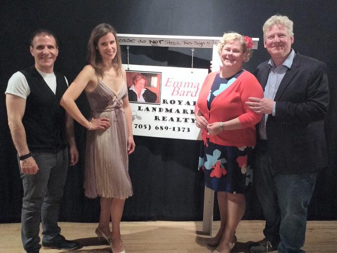 Sam Rosenthal, Cyndi Carleton, Sarah Quick, and James Barrett at the opening night reception for the Globus Theatre production of "Real Estate", which runs until July 8th at the Lakeview Arts Barn in Bobcaygeon. (Photo: Sam Tweedle / kawarthaNOW)