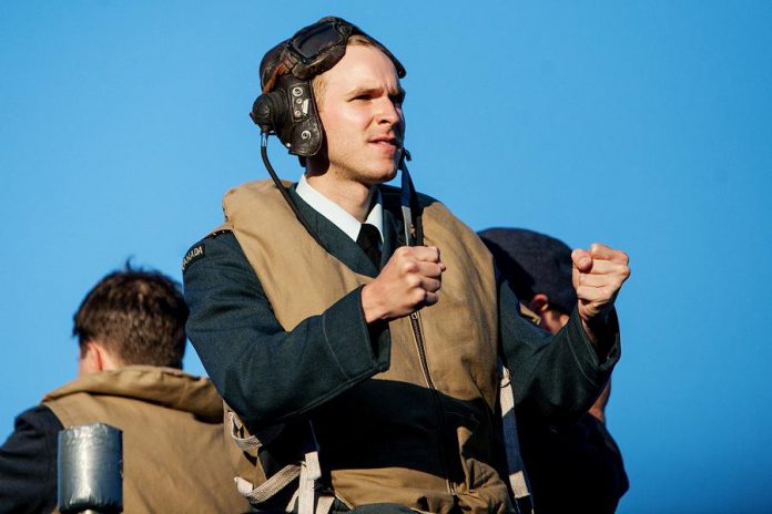 Michael Cox in the lead role as young World War II bomber pilot Sgt. Peter Benton in 4th Line Theatre's wonderful historical drama "Bombers: Reaping the Whirlwind", playing now until July 29th at the Winslow Farm in Millbrook. (Photo: Rebekah Littlejohn)