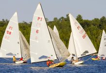 Sailors competing during the 2009 North American M Scow Championship on Pewaukee Lake in Wisconsin. The 2017 races will be held August 19 and 20 on Pigeon Lake in Bobcaygeon. (Photo: Joe Bowland)