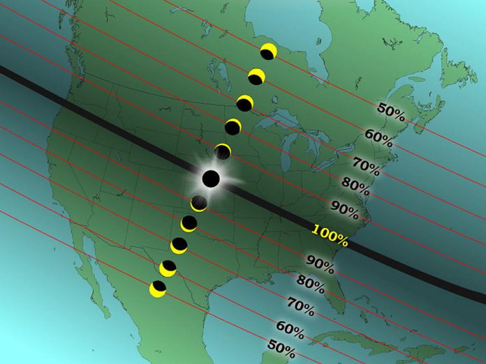 The path of the total solar eclipse and the percentage of the partial solar eclipse in other areas. (Graphic: American Eclipse USA)