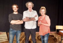 Kyle Gregor-Pearce, writer and director Lorne Elliot, and Karen Cromar star in The Fixer-Upper at Globus Theatre at the Lakeview Arts Barn until August 19. (Photo: Sam Tweedle / kawarthaNOW)