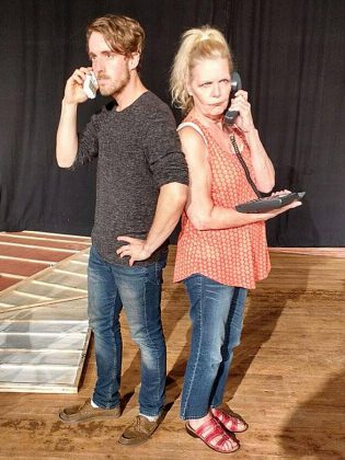 Kyle Gregor-Pearse as Bruno McIntyre and Karen Cromar as Aunt Tillie in The Fixer-Upper, in which the plot of the play takes place almost entirely over the telephone. (Photo: Sam Tweedle / kawarthaNOW)