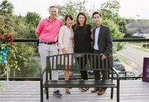 A memorial bench for the late Dr. Judith Buys at Cornerstone Family Dentistry. Pictured are Judith's husband Dr. James McGorman, Cornerstone co-owner Dr. Anna Jo, Cornerstone office manager Amanda Crowley, and Cornerstone co-owner Dr. Jay Chun. (Photo by Tracey Allison of Tracey Allison Photography, a former Cornerstone employee.)