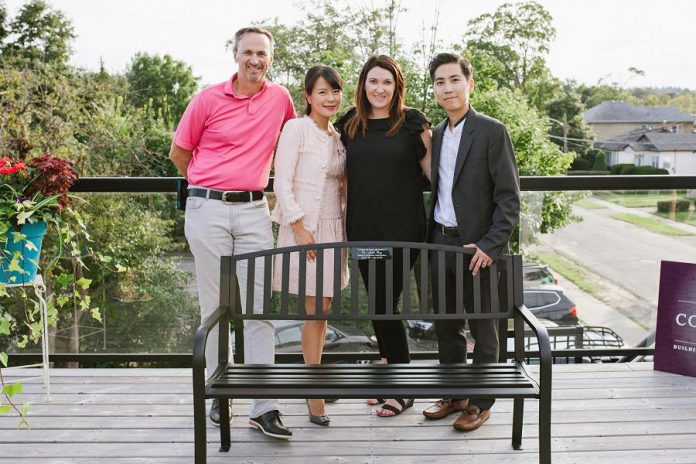 A memorial bench for the late Dr. Judith Buys at Cornerstone Family Dentistry. Pictured are Judith's husband Dr. James McGorman,  Cornerstone co-owner Dr. Anna Jo,  Cornerstone office manager Amanda Crowley, and  Cornerstone co-owner Dr. Jay Chun. (Photo by Tracey Allison of Tracey Allison Photography, a former Cornerstone employee.)