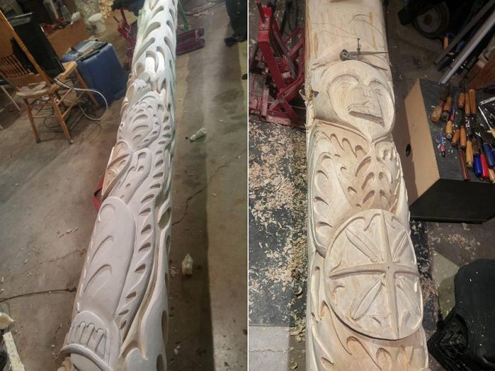 Nahrgang carved the 28-foot totem pole from a white cedar tree from the Peterborough area.